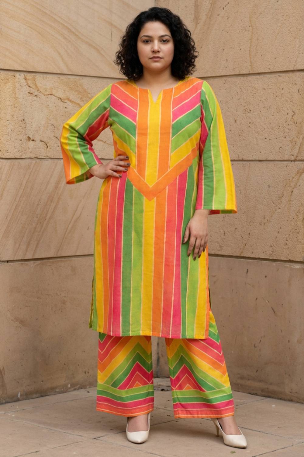 Plus Size Plus Size Multicolor Abstract Print Cotton Kurta Coord Set
