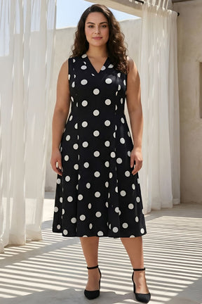 Plus Size Black Polka Print Sleeveless Rayon Midi Dress