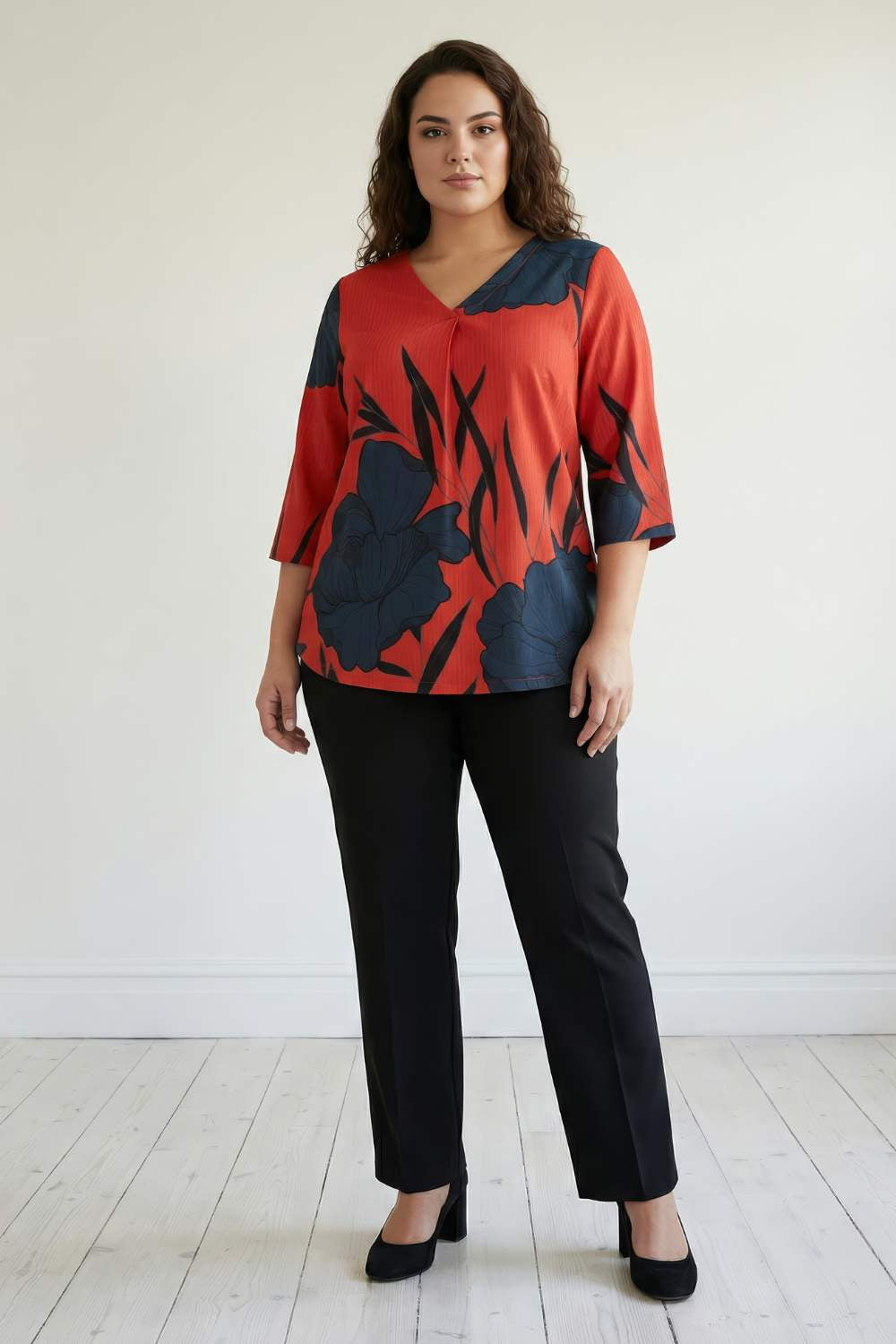 Red Teal Print Plus Size Top