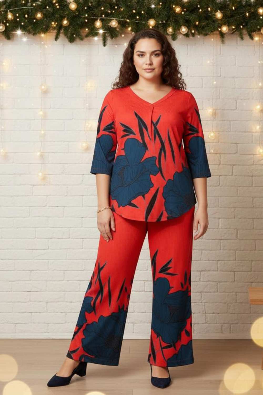 Plus Size Red Teal Print Coord Set