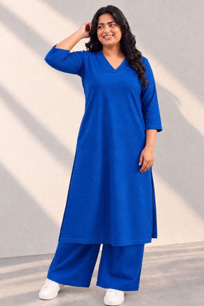 Plus Size SoftEase V Neck Blue Cotton Kurta Coord Set