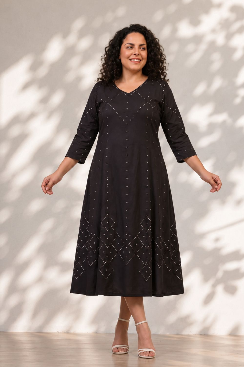 Plus Size Black Bandhej Print Midi Dress