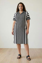 Black White Stripe Printed Polo Dress
