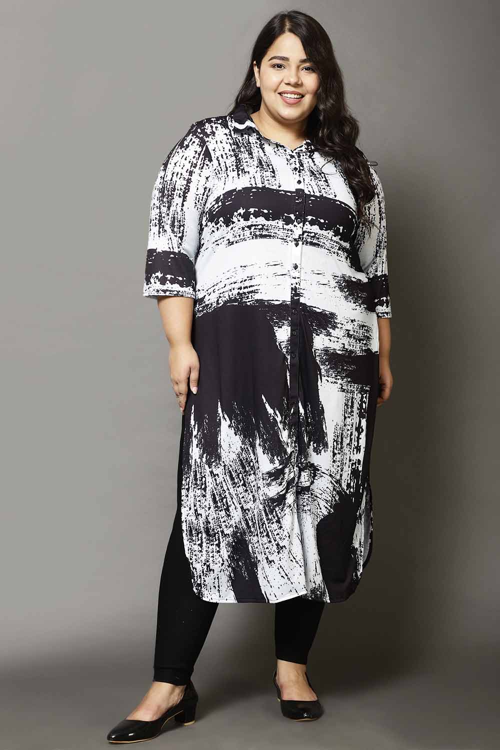 Buy Plus Size Black Abstract Print Kurta Cum Shrug
