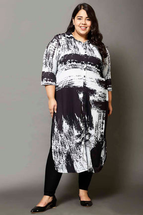 Plus Size Black Abstract Print Kurta Cum Shrug