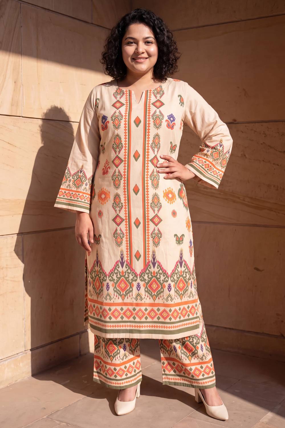 Plus Size Plus Size Beige Ethnic Border Print Cotton Kurta Coord Set