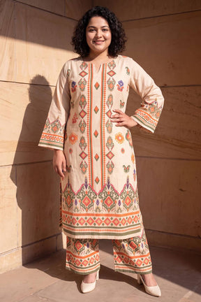 Plus Size Beige Ethnic Border Print Cotton Kurta Coord Set