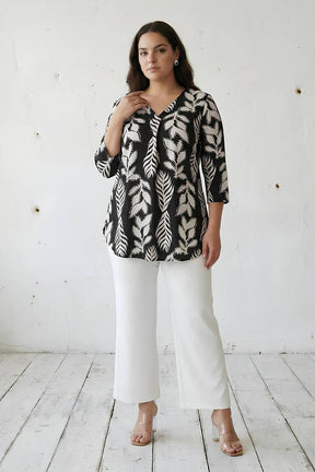 Plus Size Black White Leaf Print V Neck  Top