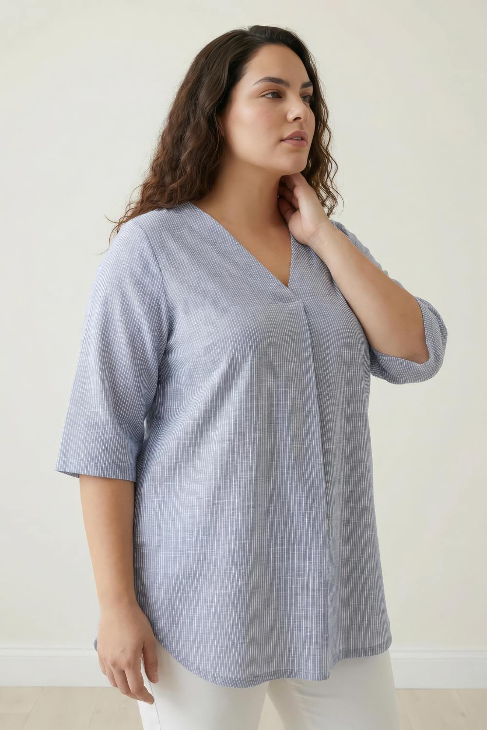 Buy Plus Size Blue Chambray Pinstripe V-Neck Top