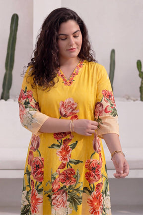 Plus Size Radiant Yellow Floral Print Cotton Midi Dress