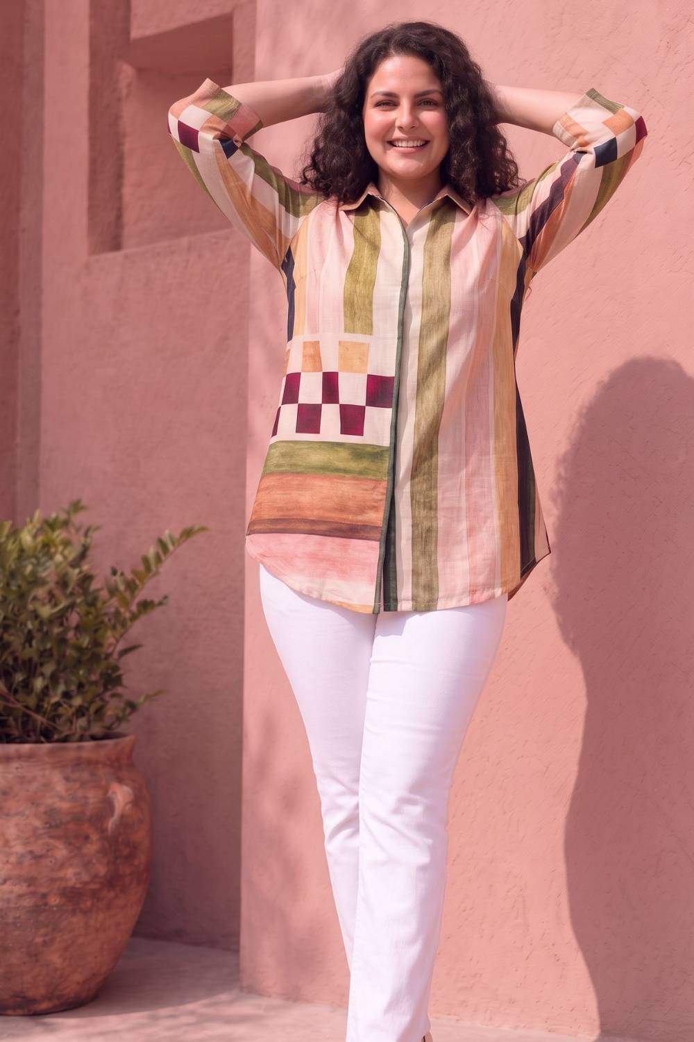 Plus Size Abstract check Print Top
