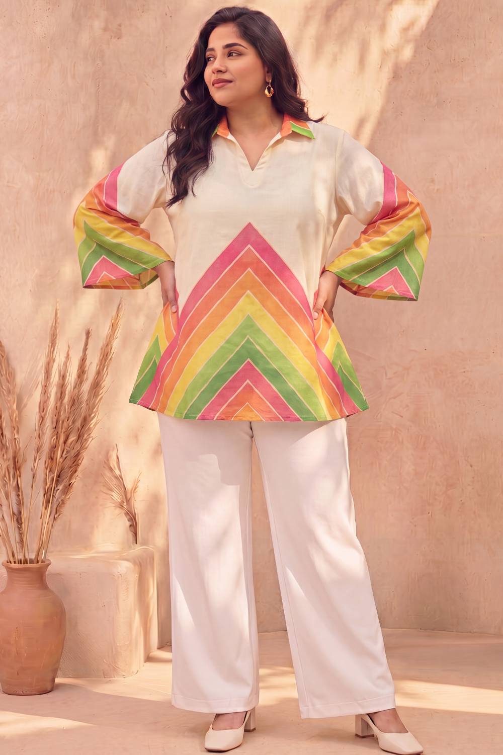 Comfortable Plus Size Pastel Chevron Printed Cotton Top