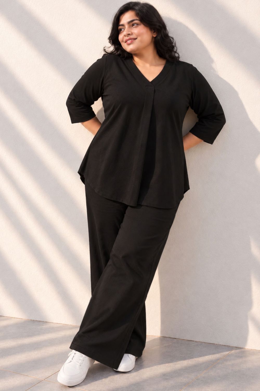 Plus Size SoftEase V Neck Black Cotton Coord Set