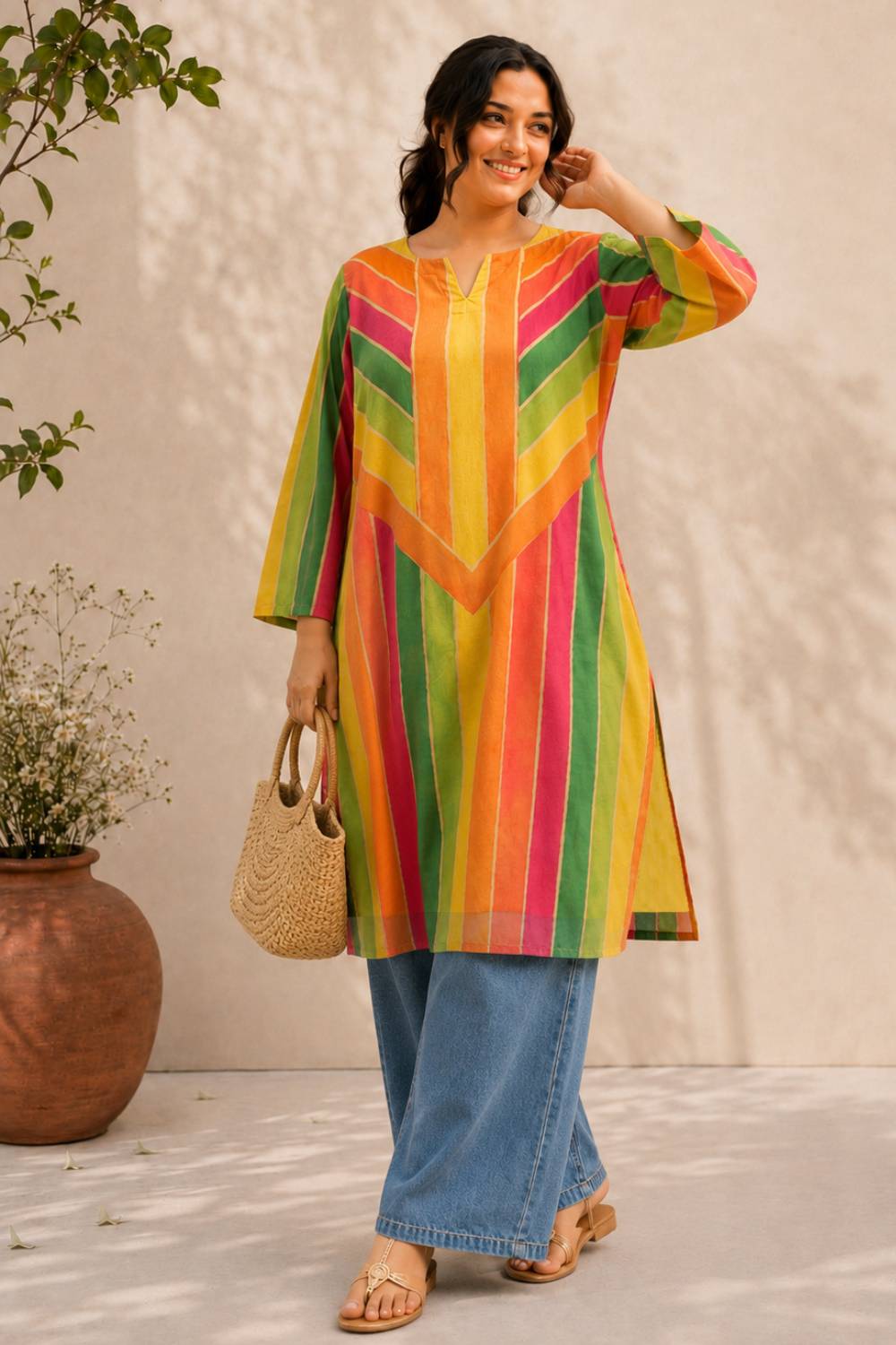 Plus Size Multicolor Abstract Print Cotton Kurti