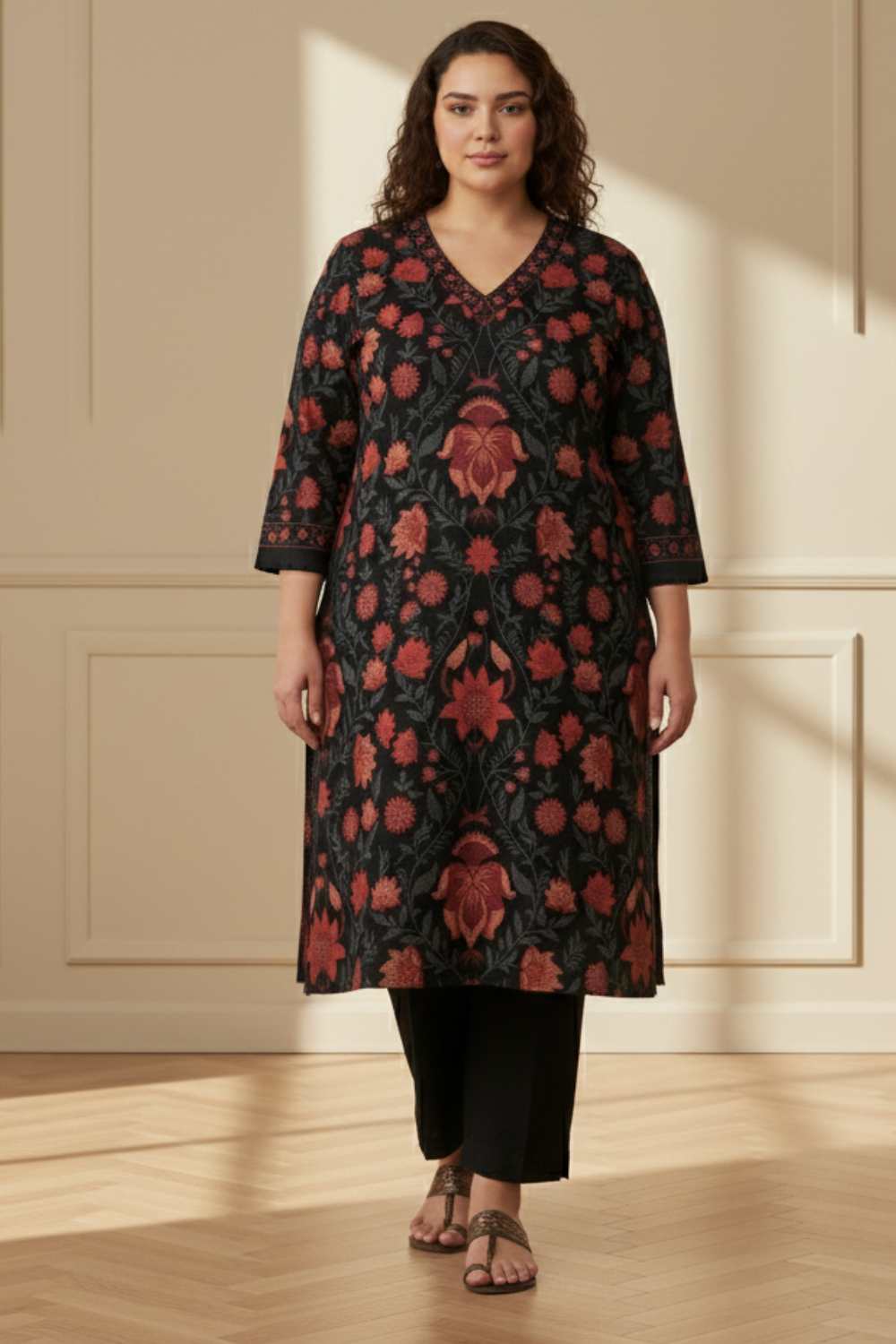Plus Size Black Red Floral SnugWeave™ Winter Kurta for Women