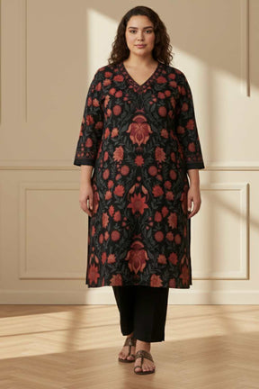 Plus Size Black Red Floral SnugWeave™ Winter Kurta