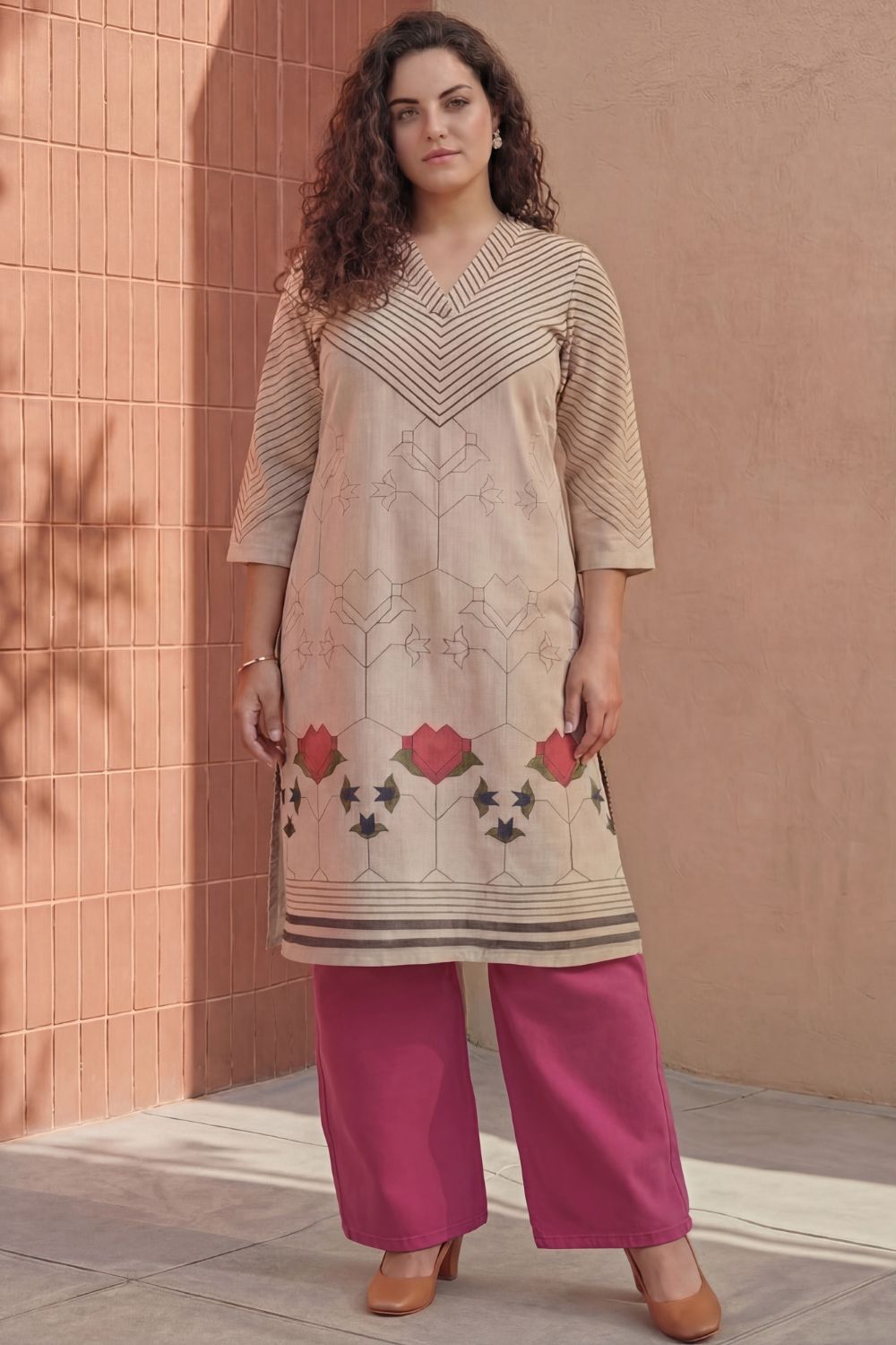 Plus Size Plus Size Beige Geometric & Floral Print Cotton V Neck Kurta