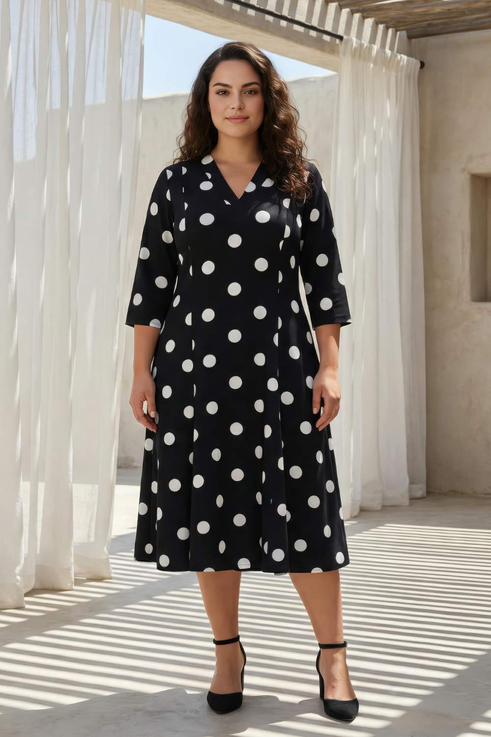 Plus Size Black Polka Print Rayon Midi Dress