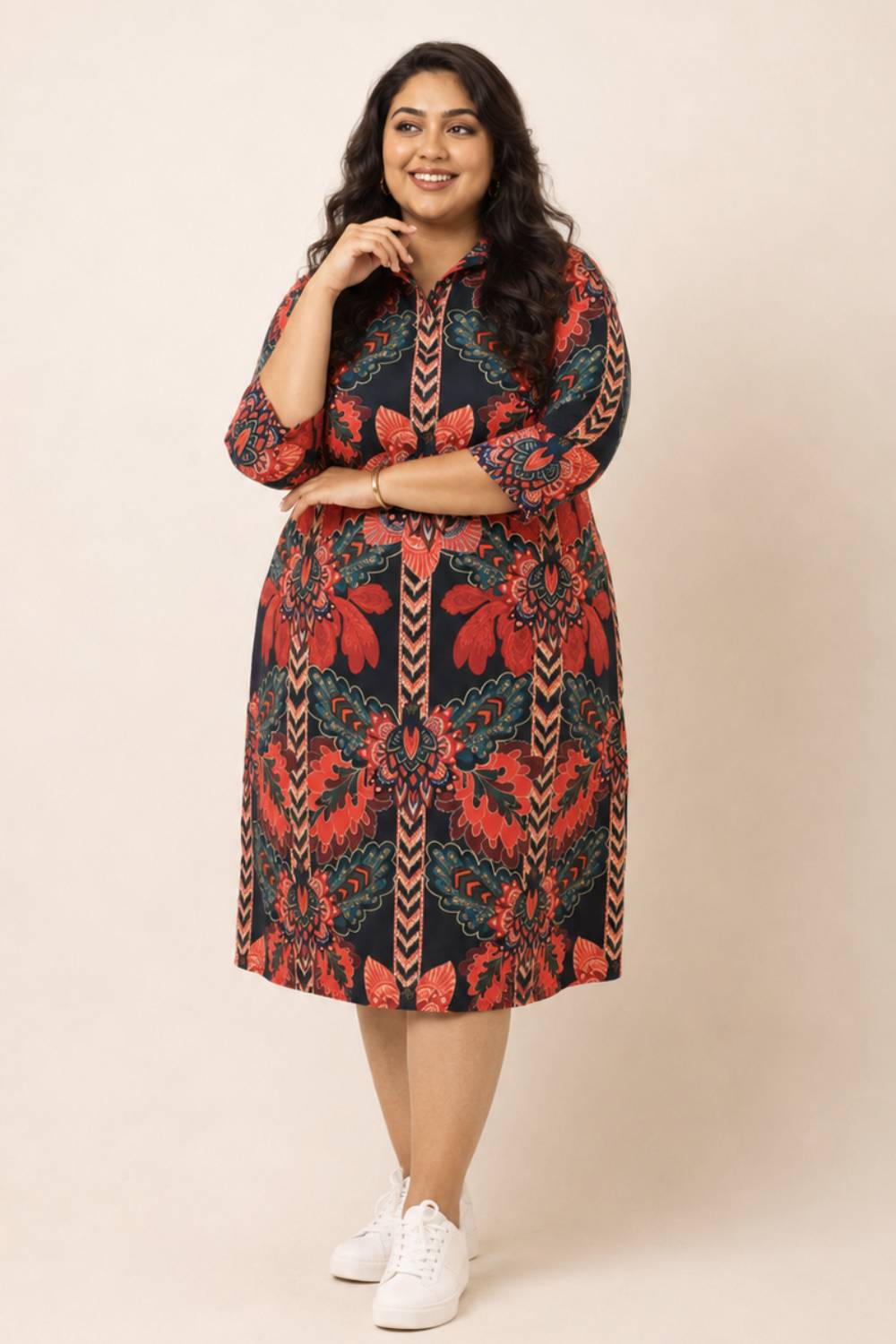 Black Tropical Print Shirt Dress