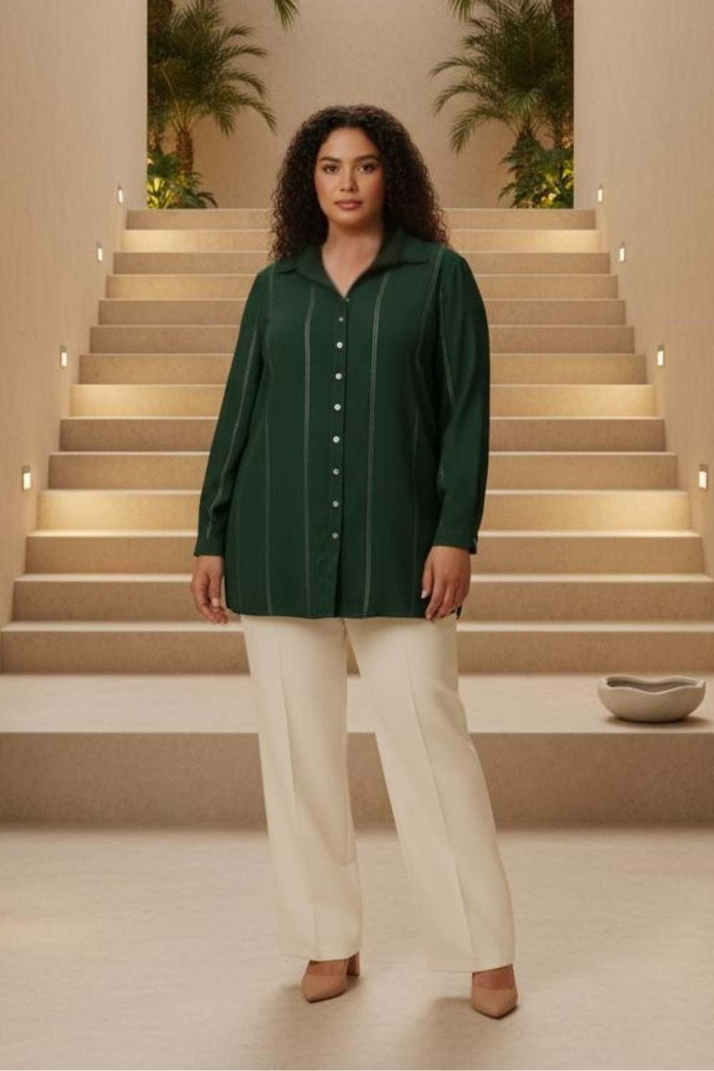 Plus Size Emerald Green Golden Pin Striped High Slit Longline Shirt