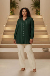 Plus Size Emerald Green Golden Pin Striped High Slit Longline Shirt