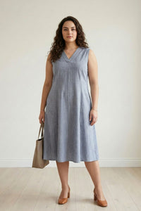 Plus Size Blue Chambray Pinstripe Sleeveless Cotton Midi Dress