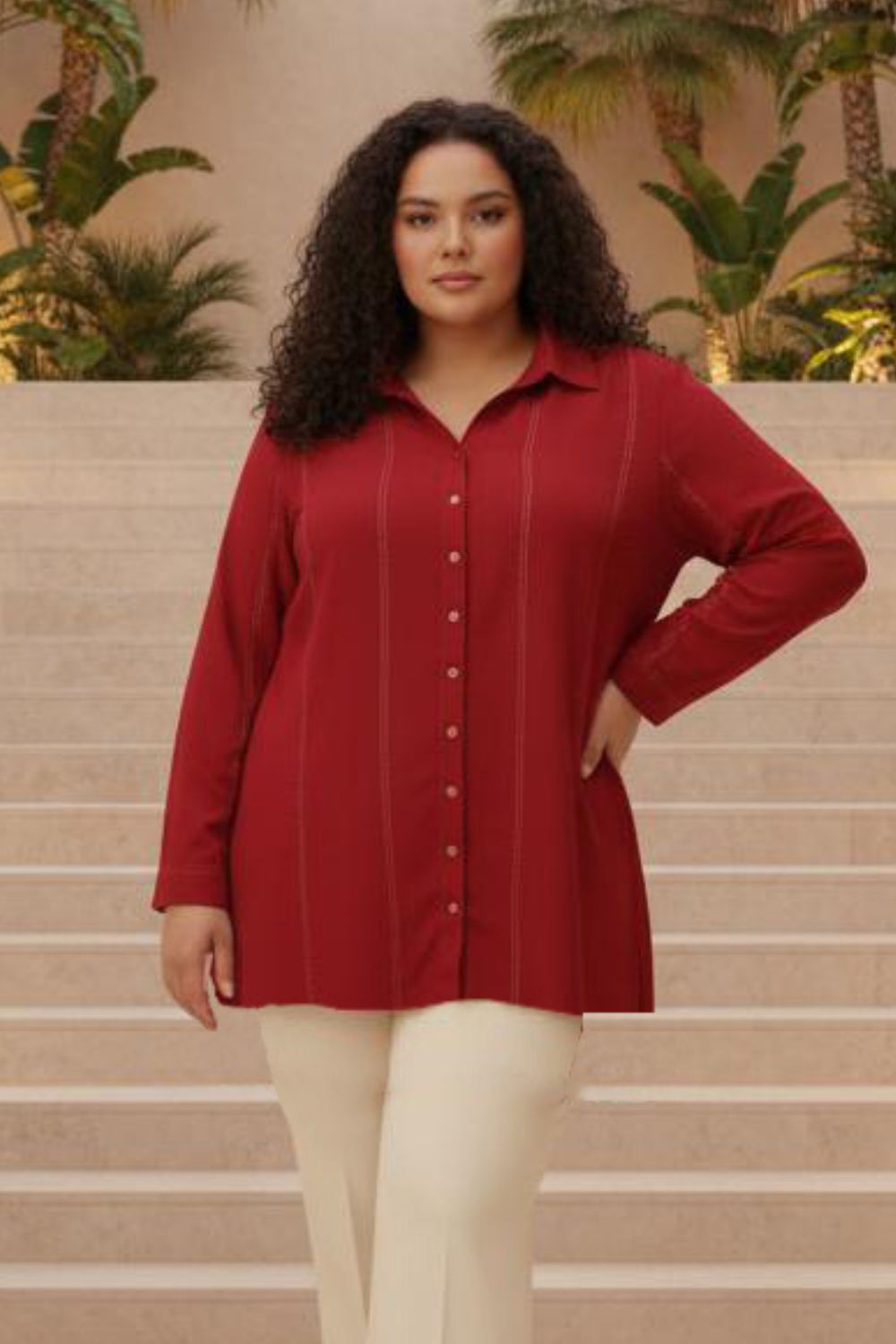 Plus Size Maroon Golden Pin Striped High Slit Longline Shirt