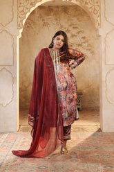 Plus Size Maroon Paisley Print Velvet Suit Set