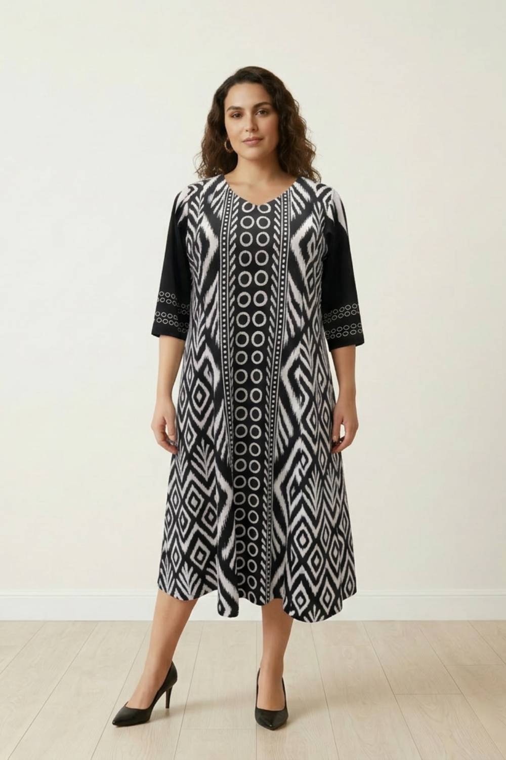 Plus Size Black & White Tribal Print A-Line Dress