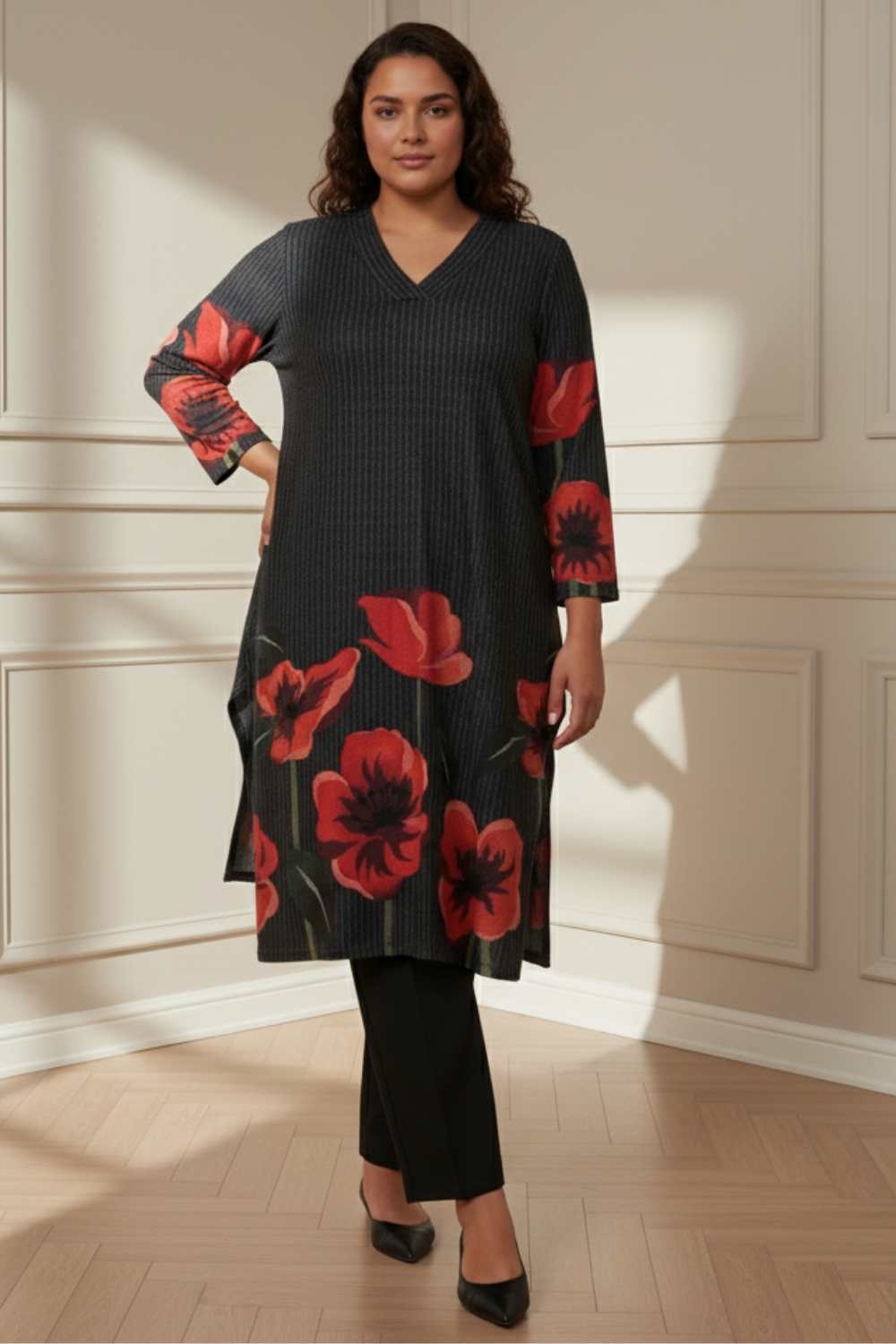 Plus Size Black Floral Borders SnugWeave™ Winter Kurta