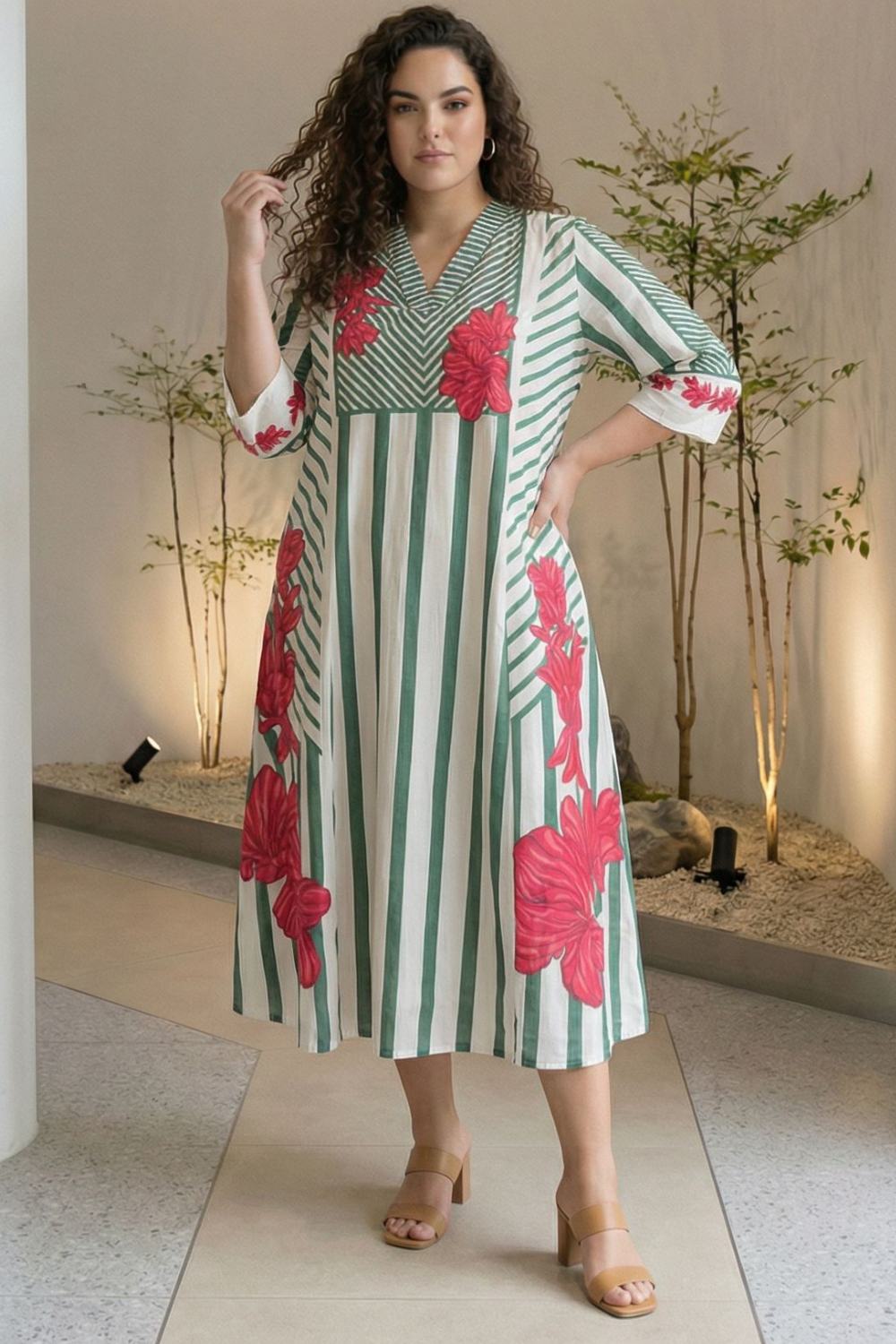 Plus Size Plus Size Green Stripe Floral Print Cotton Midi Dress