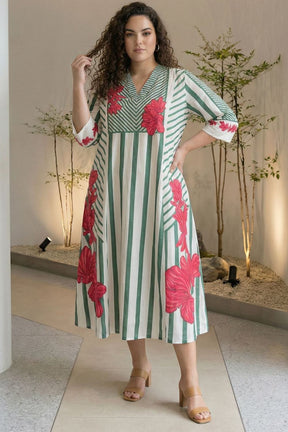 Plus Size Green Stripe Floral Print Cotton Midi Dress