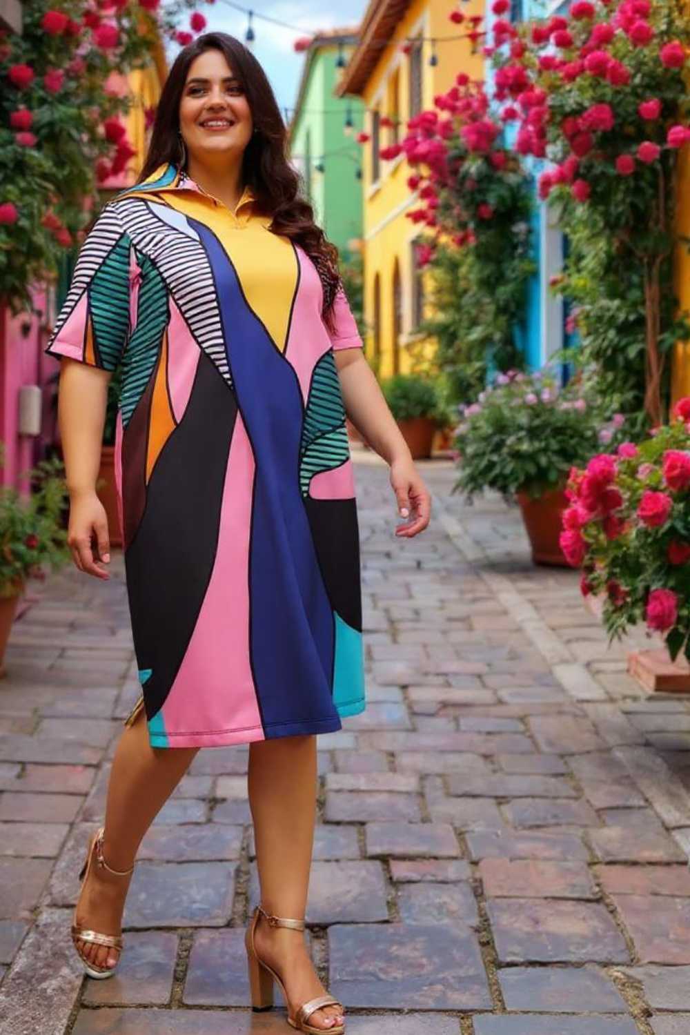Plus Size Modern Art Printed Polo Dress