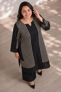 Plus Size Black Geometric Stripe Print Georgette Kurta
