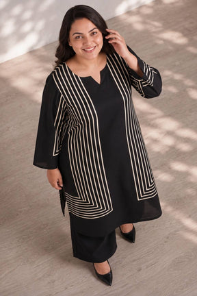 Plus Size Black Geometric Stripe Print Georgette Kurta