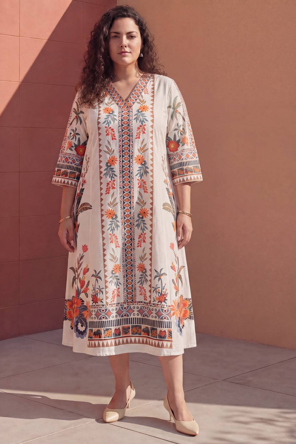 Plus Size Boho Floral Panel Print Cotton Midi Dress