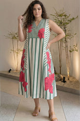 Plus Size Green Stripe Floral Print Sleeveless Cotton Midi Dress