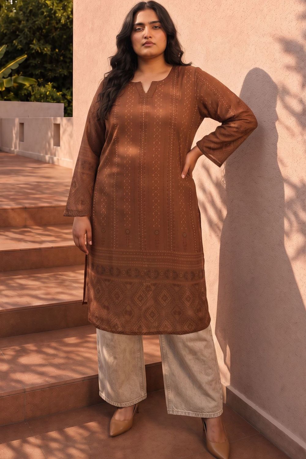 Plus Size Brown Ethnic Print Georgette Kurta