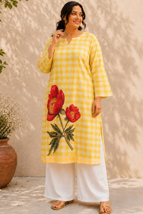 Plus Size Yellow Gingham Floral Print cotton Kurti