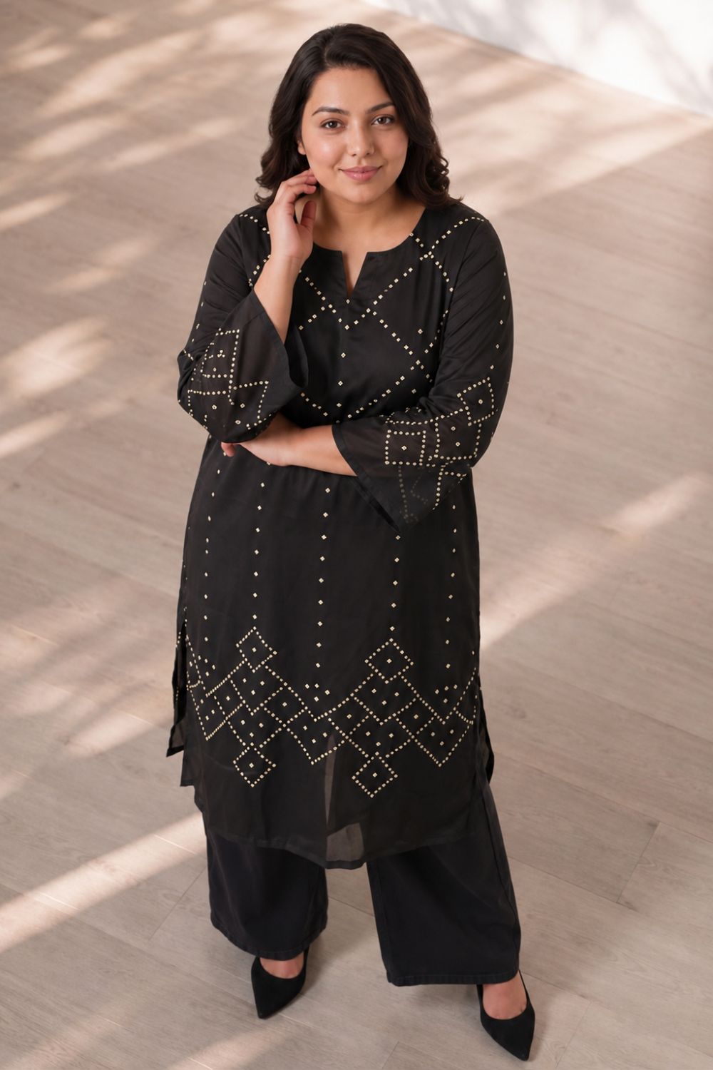 Plus Size Black Bandhej Print Georgette Kurta