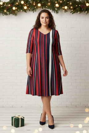 Plus Size Red Blue Striped A line Dress