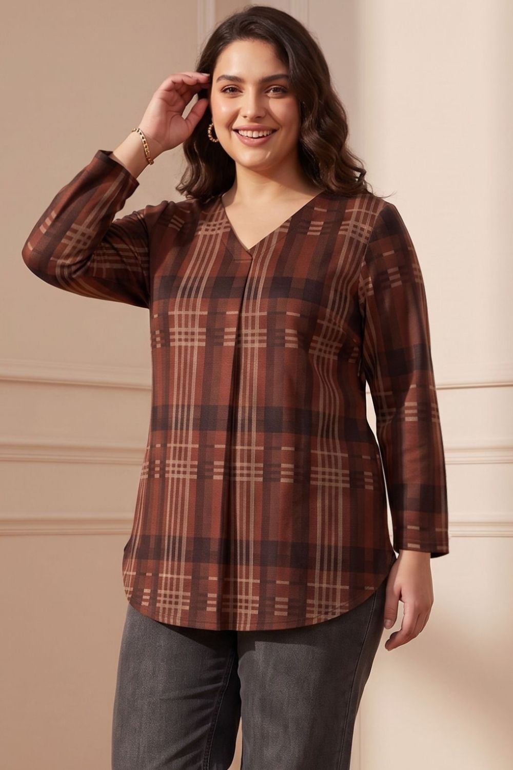 Plus Size Brown Checkered Print SnugWeave Winter Top