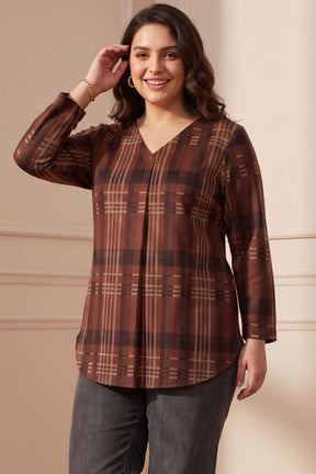 Plus Size Brown Checkered Print SnugWeave Winter Top