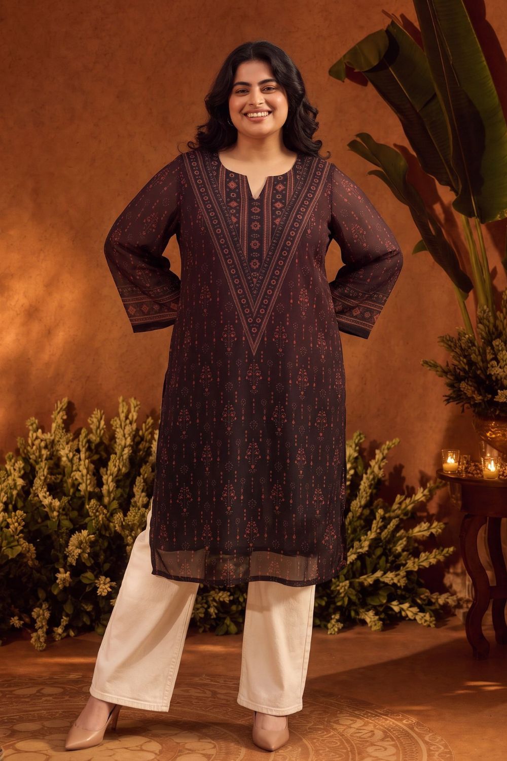Plus Size Royal Motif Straight Georgette Kurta