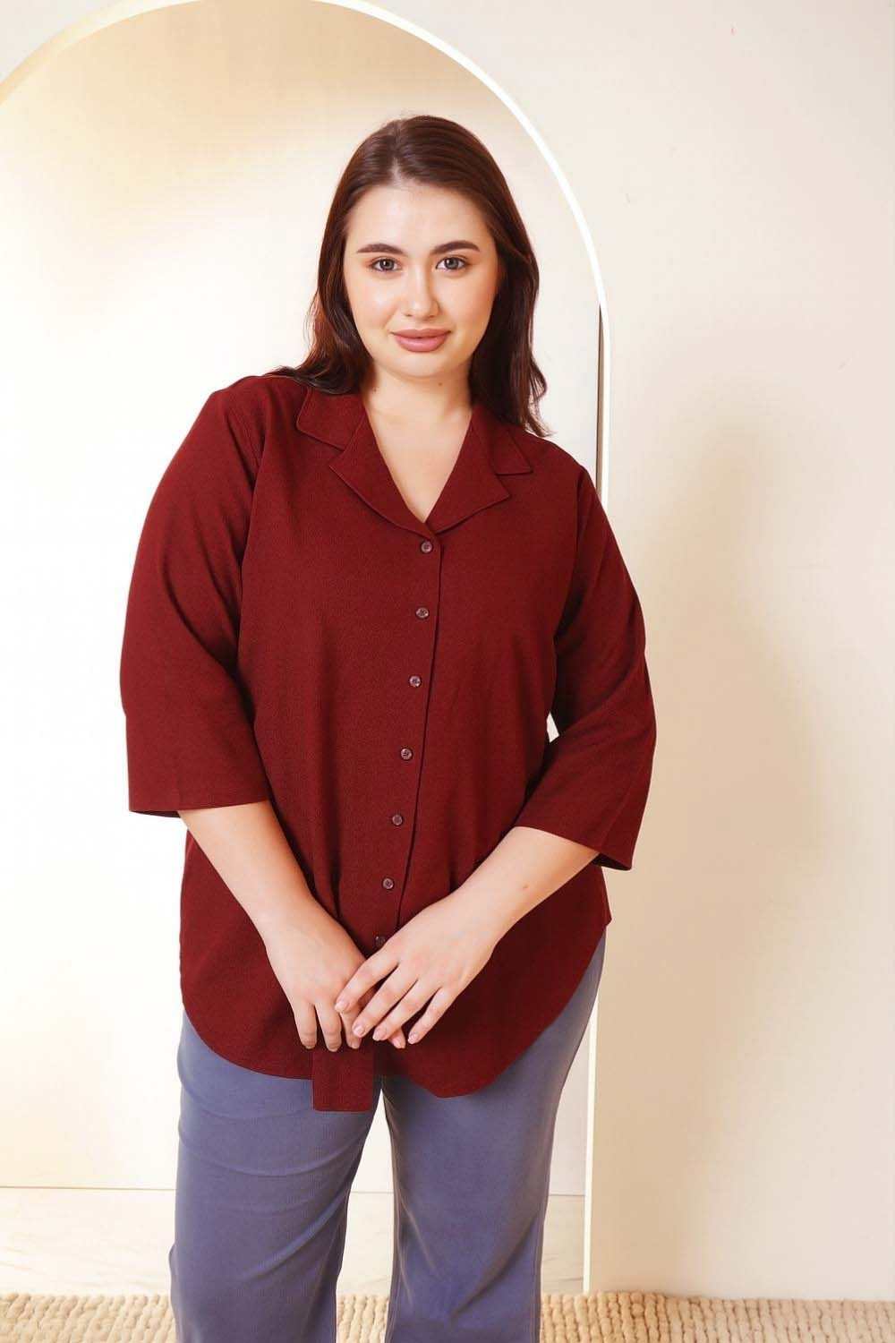 Plus Size Maroon Cotton Linen Cuban Collar Shirt