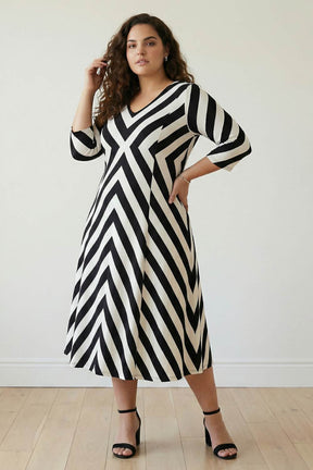 Plus Size Black White Monochromatic A line Dress