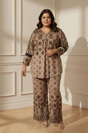 Plus Size Beige Printed SnugWeave™ Winter Top Coord Set