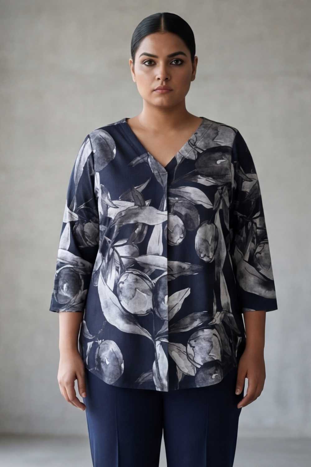 Plus Size Plus Size Black Floral V Neck  SnugWeave™ Winter Top