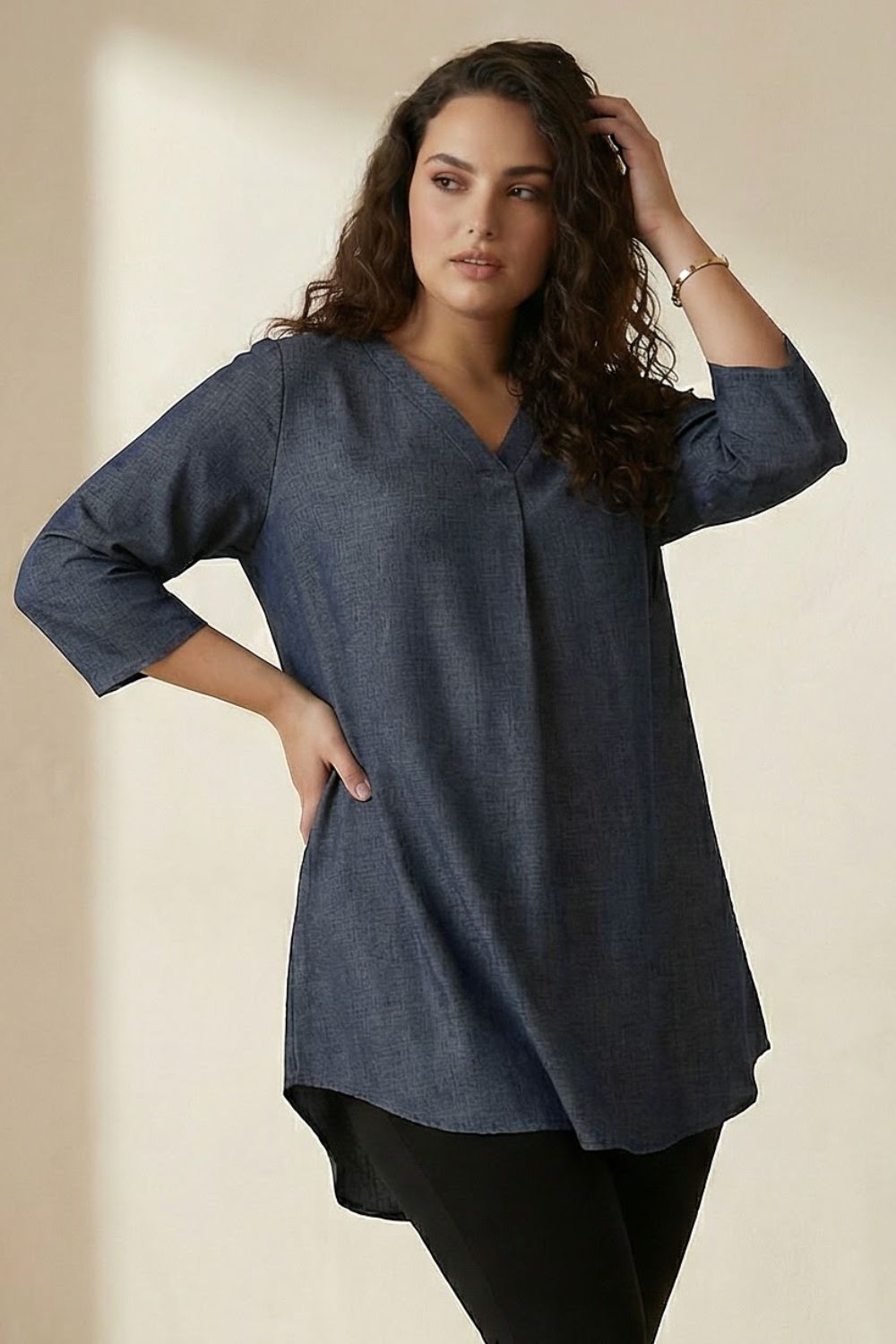 Plus Size Denim Cotton V-Neck Top