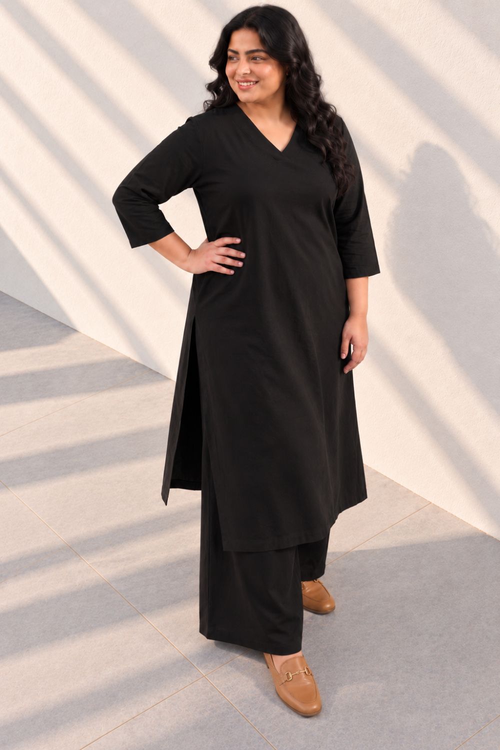 Plus Size SoftEase V Neck Black Cotton Kurta Coord Set